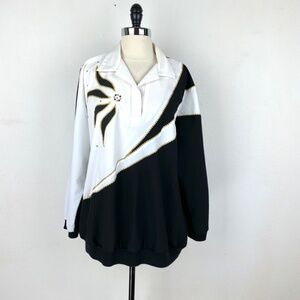 Vintage 80s Womans Art Blouse Large Black & White Embroidered Appliquéd Boho Mod